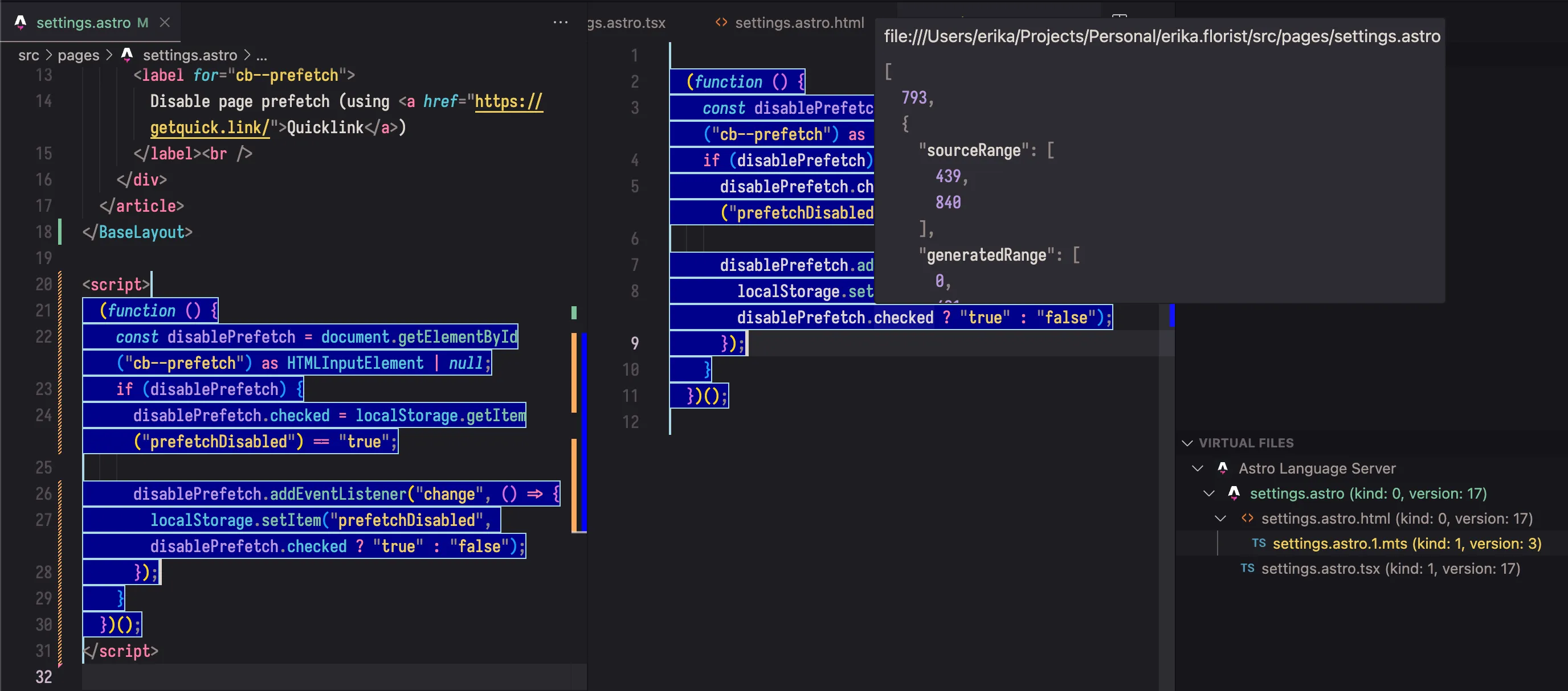 A screenshot of Volar Labs, showing the mappings between the different parts of a file being inspected